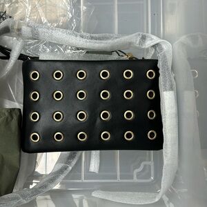 Allsaints Mila Eyelet Black Leather Crossbody w/ Brushed Gold Hardware